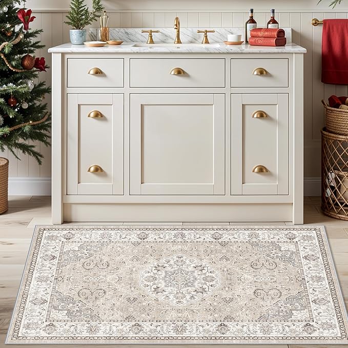 Washable Hallway 3x4 Floor Mats: Farmhouse Non-Slip Kitchen Sink Area Rug Water-Resistant Small Carpet for Living Room Bathroom Thin Soft Doormat Easy-Clean Decorative Rug for Pets Family(3x4,Beige)