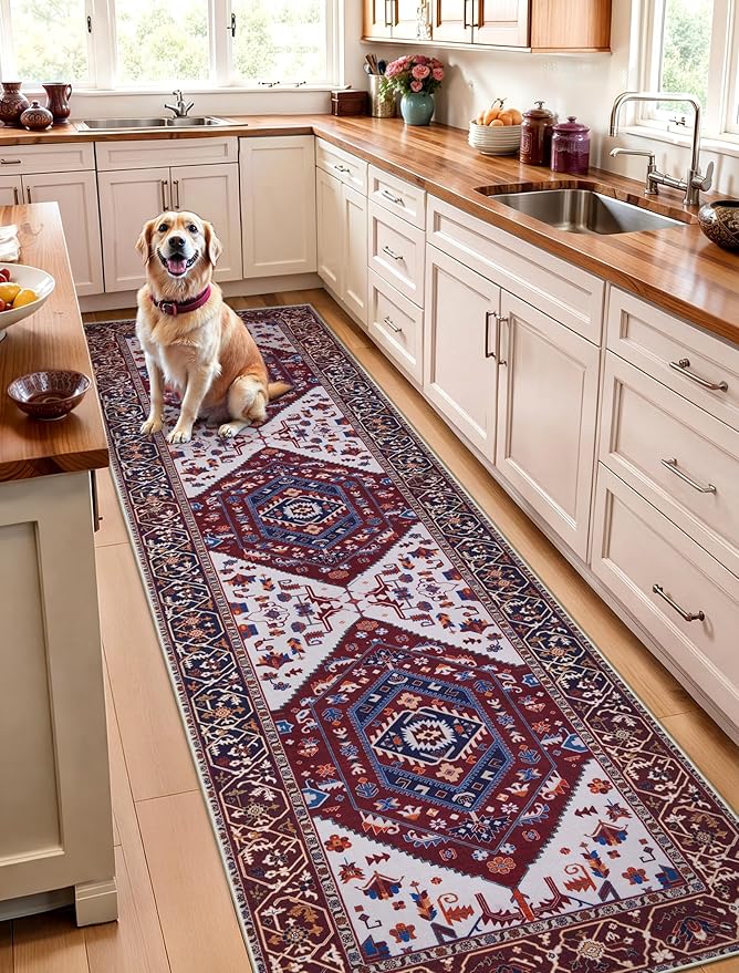 SERISSA Runner Rug for Hallways, 2'6"x10' Washable Non Slip Kitchen Runner Rug, Long Boho Rug Vintage Burgundy Navy Hallway Stair Ultra Soft Print Floor Carpet for Bedroom Bathroom Laundry Room