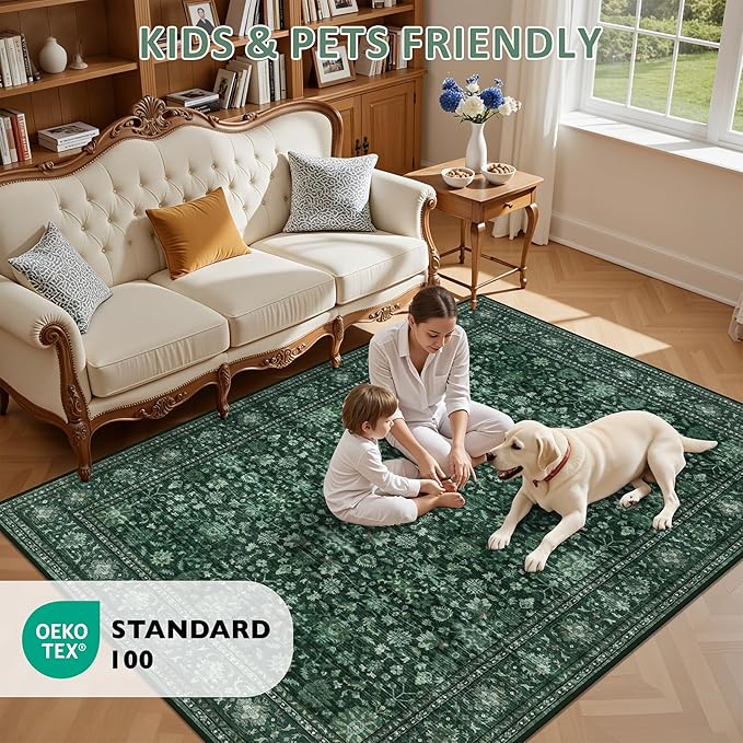 3x5 Area Rugs Living Room Rug: Washable Vintage Distressed Floral Rug No Slip Stain Resistant Soft Carpet Indoor Large Carpets for Bedroom Dining Room Farmhouse Nursery Home Office Deep Green