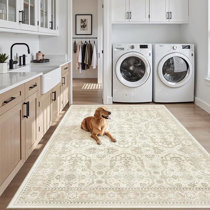 3x5 Rug, Small Area Rug for Kitchen, Entryway, Machine Washable Non-Slip Throw Rug, Vintage Carpet for Nursery Coffee Table Beige/Brown
