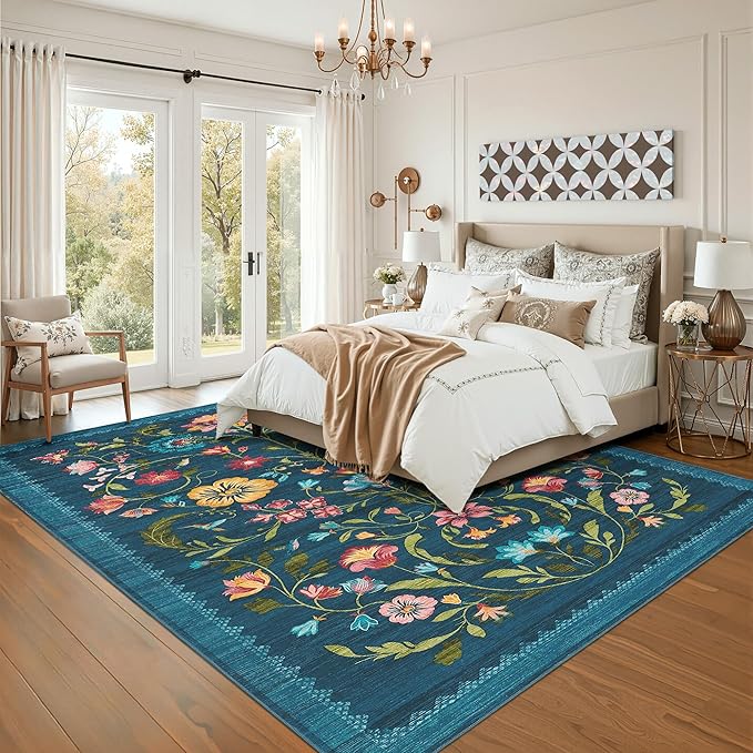 GarveeHome Washable Rug 4x6 Area Rugs for Living Room, Floral Rug for Bedroom, Soft Boho Non Slip Throw Rugs with Rubber Back, Low Pile Stain Resistant Vintage Floral Carpet for Dining Room, Blue