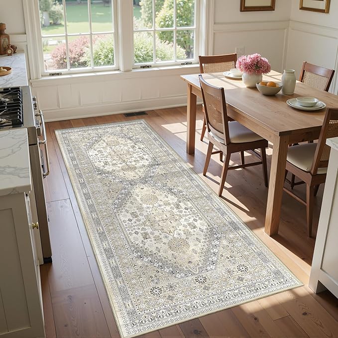 3x8 Runner Rug Non Slip Washable for Entryway, Front Porch, Vintage Hallway Runner for Laundry Room, Bedroom, Stain Resistant Thin Indoor Kitchen Mats for Floor(Beige,3'x8')