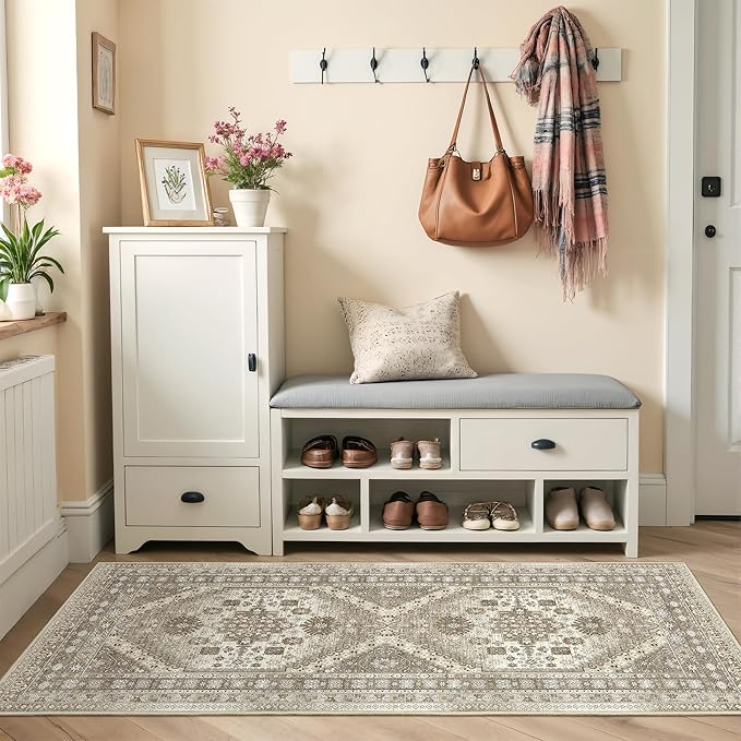 2x5 Rug Runner Washable for Entryway, Soft Bathroom Rugs with Non-Slip Backing,Vintage Low Pile Stair Runner, Small Kitchen Carpet for Hallways, Laundry Room(Brown,2'x5')