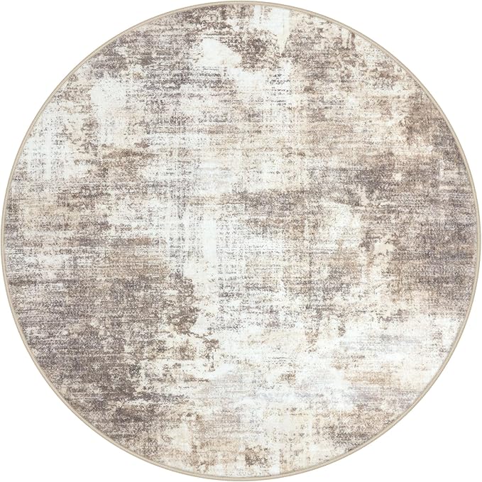 IOHOUZE Round Area Rug 3 Ft Circle Entryway Rugs Round Washable Door Mat Indoor Entrance, Non Slip Circle Front Door Rug, Printed Abstract Faux Wool Floor Carpet for Foyer Porch Sink, Beige Brown