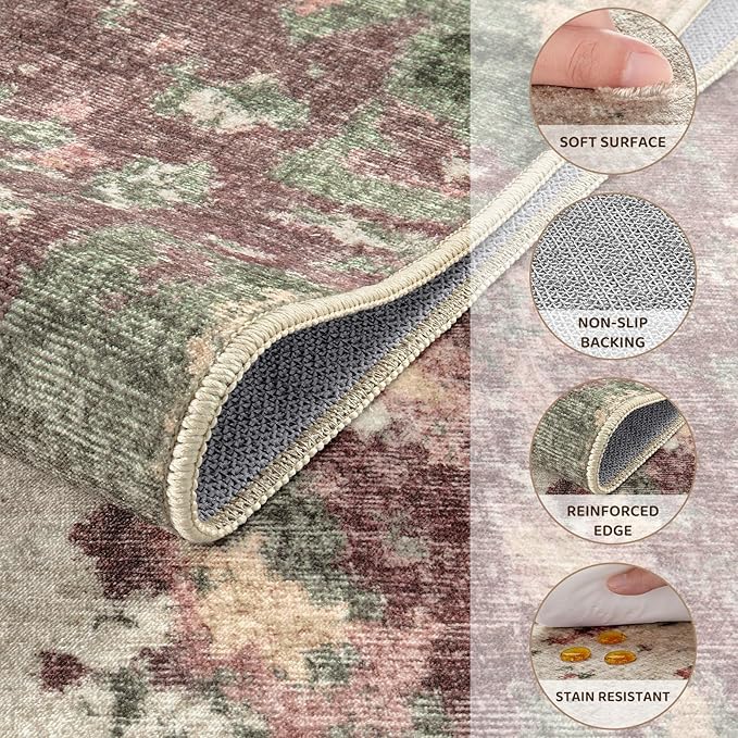 UERMEI 8x10 Area Rug Living Room Rugs - Washable Neutral Modern Abstract Soft Thin Rug Indoor Floor No Slip Rug Carpet for Bedroom Under Dining Table Home Office Decor - Purple/Green/Beige