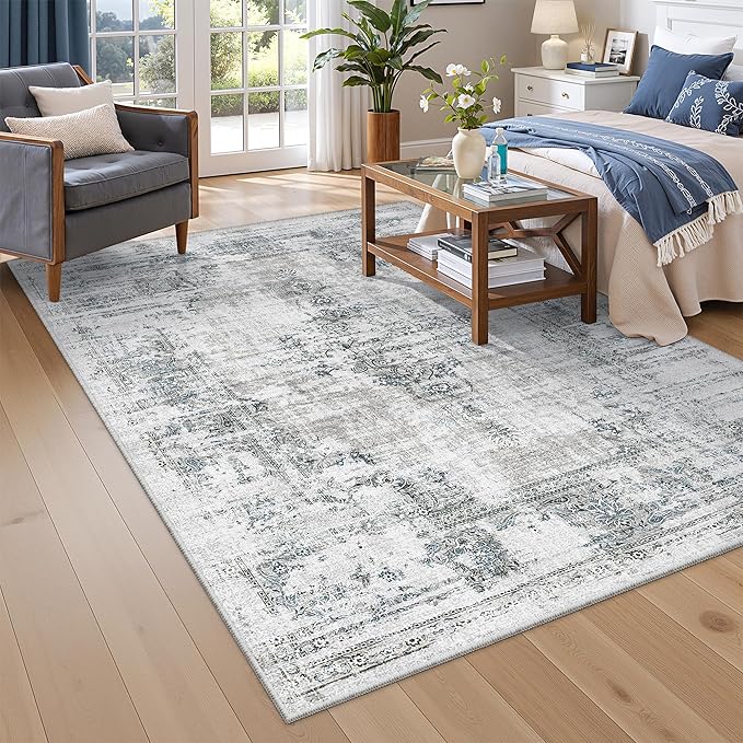 Madane 5x7 Area Rugs Washable Rug: Vintage Living Room Rug with Non-Slip Backing Low Pile Rugs Soft Indoor Floor Thin Carpet Non Shedding Carpets for Bedroom Dining Room Farmhouse Blue/Grey