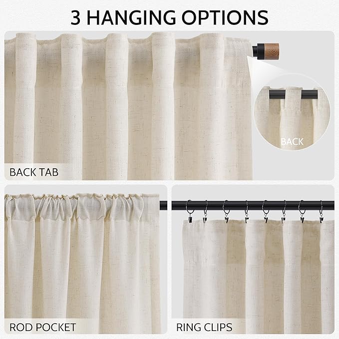 Birch Beige Linen Curtains 80 Inch Length for Living Room Light Filtering Semi Sheer Curtain Back Tab Modern Farmhouse Decor Elegant Luxury Coastal Drapes for Bedroom Dinner Room 52x80, 2 Panels