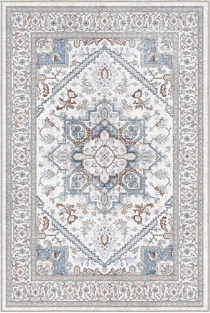OPPODREAM Soft Neutral Area Rugs 5x7, 5x7 Washable Rug with Non Slip Backing, 5 x 7 Faux Cashmere Low-Pile Carpet, Cream White & Blue & Light Brown