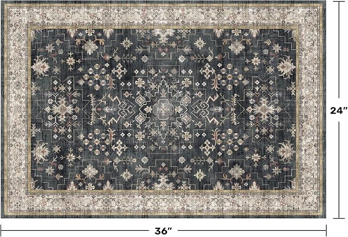 Black Washable 2x3 Entry Rug, Small Rugs for Entryway Kitchen Bathroom Door Mat Indoor Entrance, Non Slip Rubber Backing, Stain & Fade Resistant, Ashen Charcoal Floral Farmhouse Decor