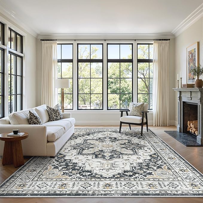 zesthome Washable Rug 6x9 Area Rugs,Stain Resistant Rugs for Living Room,Bedroom,Non-Slip Backing Home Decor Rug, Vintage Medallion Pattern Rugs (Black,6'x9')