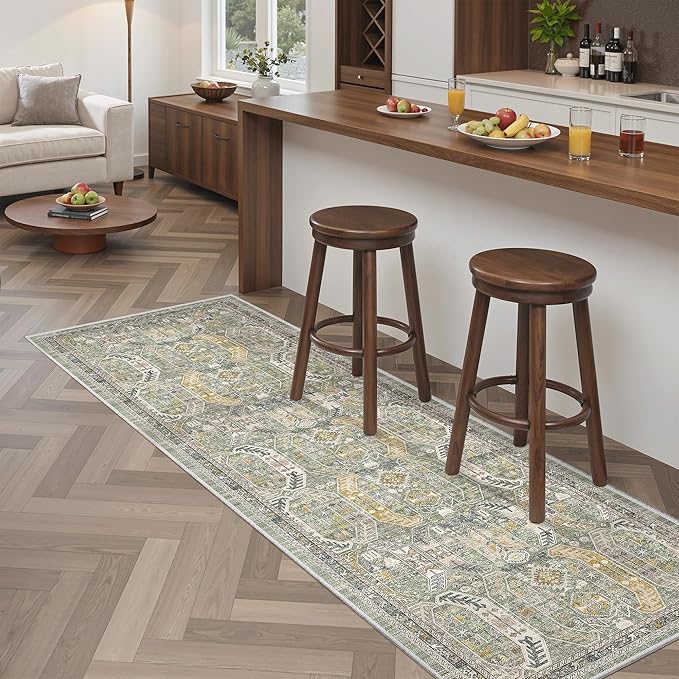 Madane Washable Runner Rug - 2x6 Rug Runners for Hallways 6 Feet Non Slip Vintage Kitchen Runner Rug Ultra-Thin Bathroom Runner Rugs Carpet Laundry Room Bedroom (2x6ft, Green/Gold)