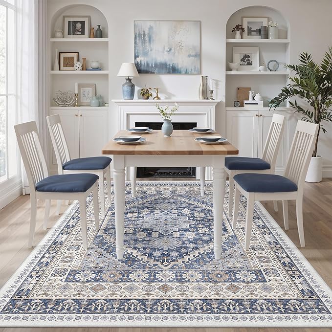 zesthome 5x8 Area Rugs - Ultra-Thin Washble Rug, Stain Resistant Anti Slip Backing Rugs for Living Room,Bedroom, Vintage Home Decor Area Rug (Blue/Beige,5'x8')