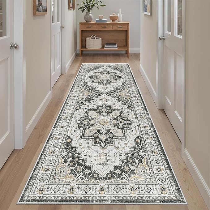 Madane Runner Rug 2'6''x8' Kitchen Runner, Hallway Runner Printed Vintage Washable Rugs Soft Non-Slip Low Pile Runners for Hallways Laundry Room Rug Distressed Rug, Black