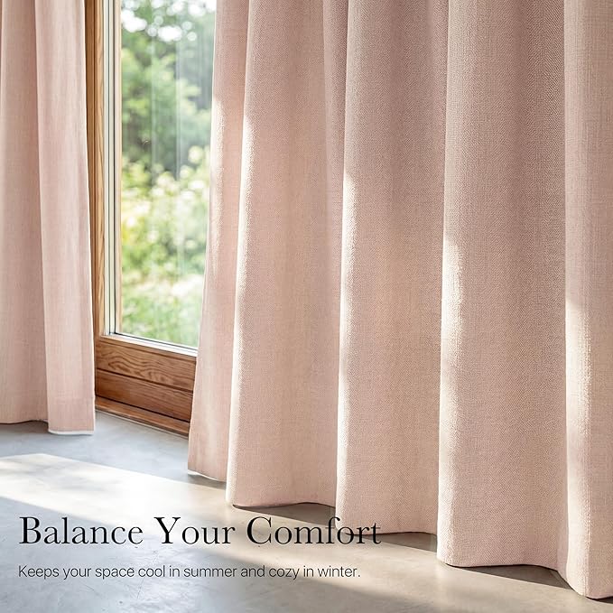 NICETOWN 100% Absolutely Blackout Linen Curtains for Bedroom Living Room, Blush Pink, 52" Wide, 2 Pieces, Privacy Vertical Thermal Insulated Window Drapes 84 inch Long for Infants and Young Children