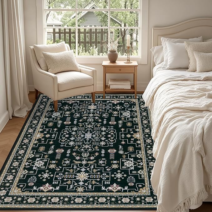 5x7 Area Rugs Living Room Rug: Washable Vintage Boho Medallion Rug No Slip Stain Resistant Soft Carpet Indoor Floor Large Carpets for Bedroom Dining Room Farmhouse Nursery Hallway Home Office Black