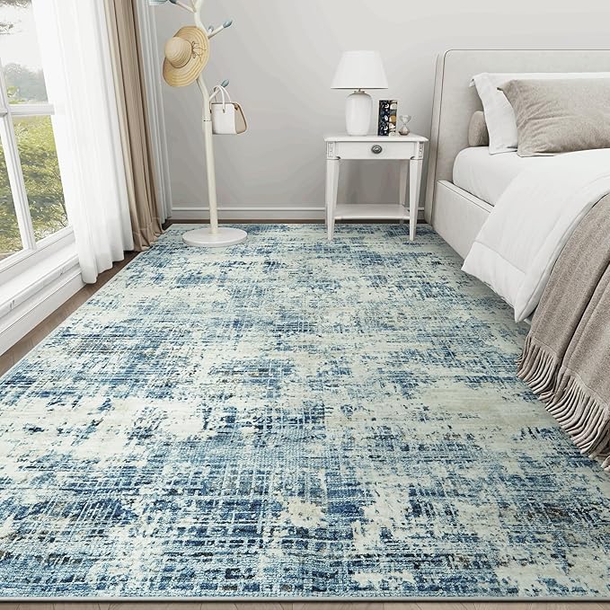 8x10 Area Rugs for Living Room Washable Rug: Anti-Skid Abstract Modern Living Room Rug Soft Thin Carpets Indoor Floor Non-Shedding Carpet for Bedroom Dining Farmhouse Nursery Blue Gray Gold