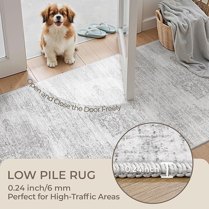 2x12 Runner Rug, Long Hallway Rugs for Dining Room, Living Room, Bedroom, Machine Washable Kitchen Carpet Runner with Rubber Backing, Soft Low Pile Indoor Rug(2'x12', Light Grey/White)