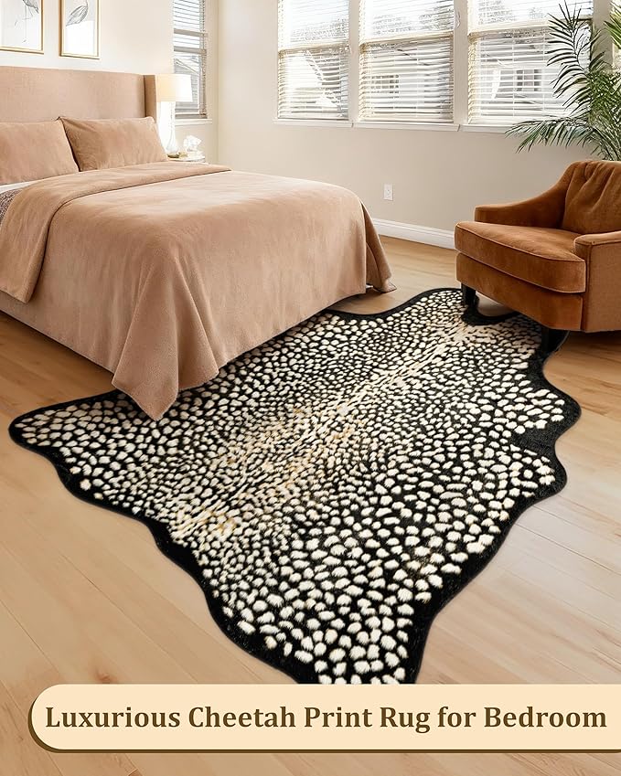 Leopard Print Rug for Living Room, Cheetah Rug 5.2x7 Faux Animal Print Skin Cheetah Area Rug for Bedroom Nursery Animal Fur Hide Irregular Shaped Rustic Antelope Black