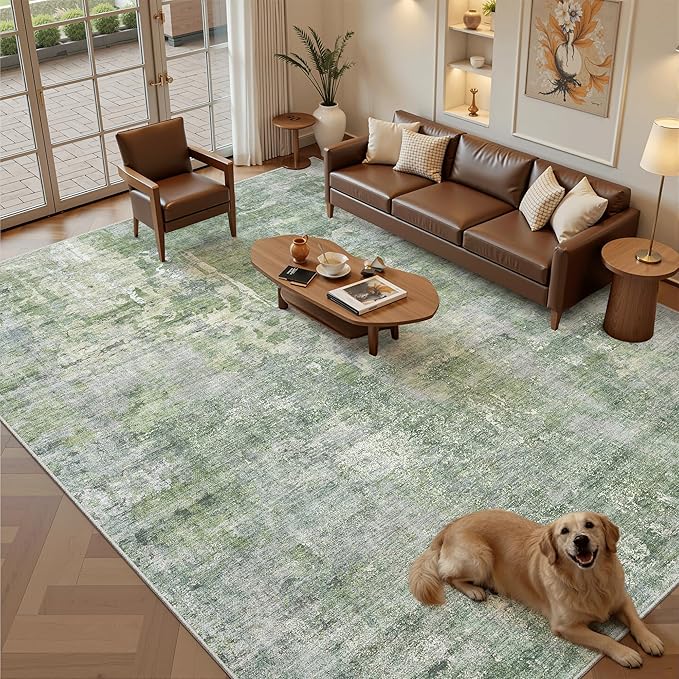 9x12 Area Rugs for Living Room, Non-Slip Machine Washable Vintage Rugs, Abstract Low Pile Lightweight Large Rug for Bedroom, Dining Room, Home Office Green Ivory