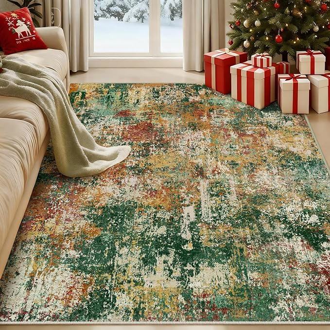 Washable Area Rugs 5'x7' Non-Slip Modern Abstract Soft for Living Room Entryway Bedroom Nursery, Print Pattern, Green Orange Rust Red Cream Colorful