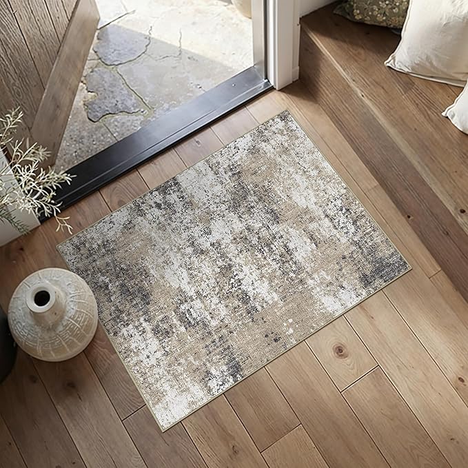 PureCozy 2x3 Abstract Area Rug Brown Washable Modern Entryway Carpet Non Slip Ultra Soft Neutral Low Pile Door Mat Contemporary Small Throw Rug for Bathroom Laundry Kitchen Dining Room