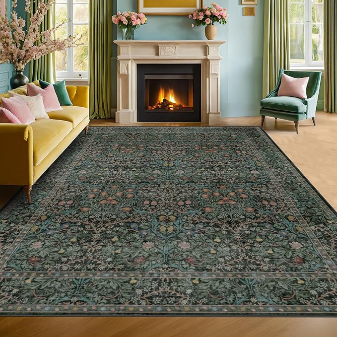 Vintage Dark Green Living Room Rug, 7x10 Washable Area Rugs for Dining Room Under Table, Bedroom, Oriental Low Pile Stain Resistant Non-Slip Thin Soft Carpet