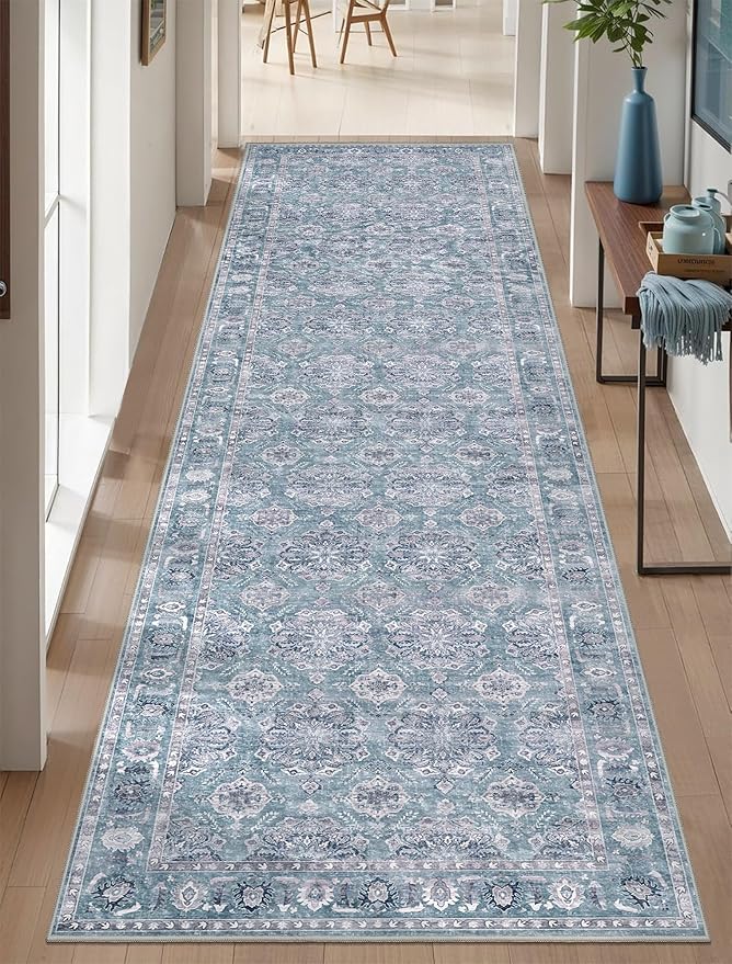 SERISSA Boho Washable Runner Rug, 2'6"x10' Long Non-Slip Vintage Floral Hallway Kitchen Stair Runner Rug Ultra Soft Print Distressed Blue Grey Floor Carpet for Bathroom Laundry Room