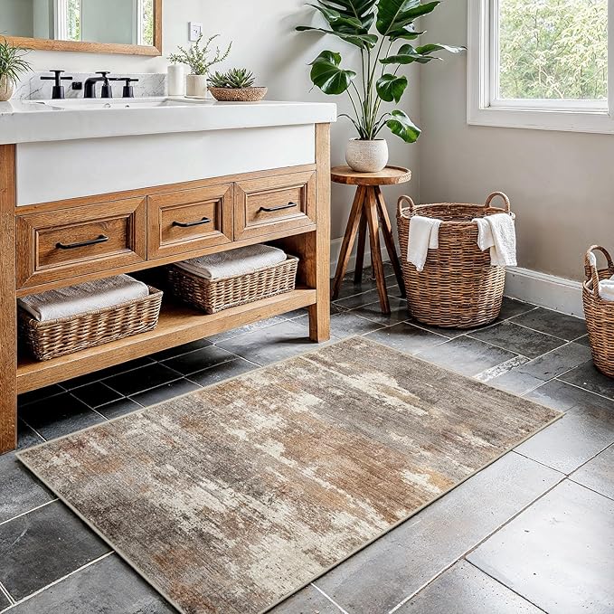 2x3 Washable Entryway Area Rug: Modern Abstract Small Runner Rug for Hallway Soft Non Slip Door Mat with Rubber Backing Low Pile Thin Floor Carpet for Kitchen Bathroom Bedroom Indoor(Brown/Brick,2x3)