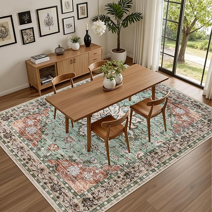 5x7 Area Rugs Living Room Rug: Washable Vintage Distressed Floral Rug No Slip Stain Resistant Soft Carpet Indoor Large Carpets for Bedroom Dining Room Farmhouse Nursery Hallway Home Office Brown Green