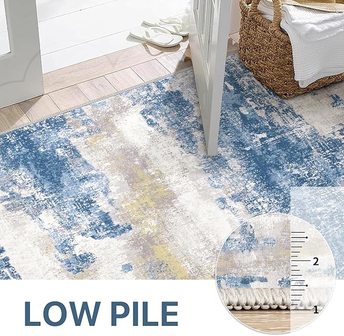 Area Rugs 10x14 for Living Room Bedroom, Modern Abstract Machine Washable Large Blue Cream Rug, Soft Low Pile Floor Carpet with Non Slip Backing for Dining Room