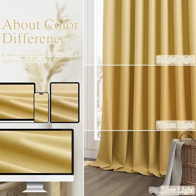 Guken 100% Blackout Curtains 72 Inch Length 2 Panels Set for Living Room Bedroom Back Tab Thermal Insulated Black Out Linen Drapes Room Darkening Window Curtains 72 Inches Long,Gold