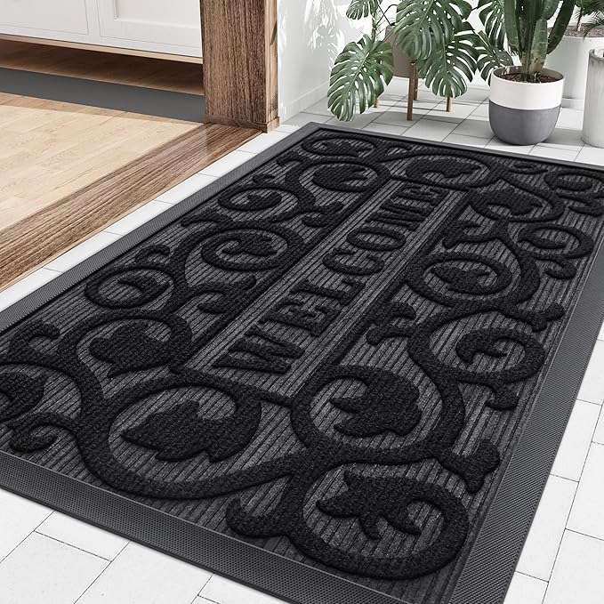 Smiry Welcome Door Mat Outside Entrance, Heavy Duty Trap Dirt and Moisture Easy Clean Low Profile Patio Porch Indoor Outdoor Front Doormat for Entry, 35x23 Inch, Black