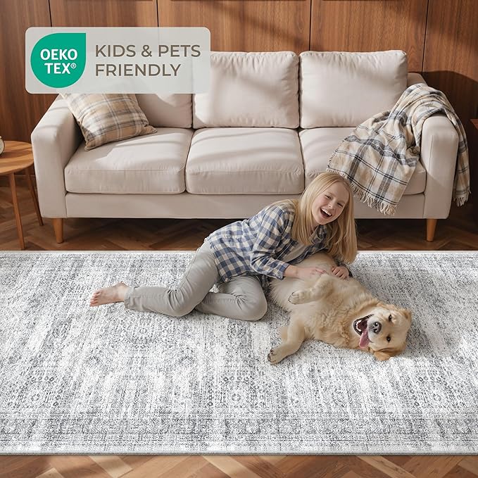 3x18 Washable Runner Rug for Hallway, Non-Slip Long Hallway Runner for Entryway, Soft Vintage Kitchen Mats for Floor, Abstract Dining Room, Bedroom, Living Room Rugs(3'x18', Grey/Ivory)