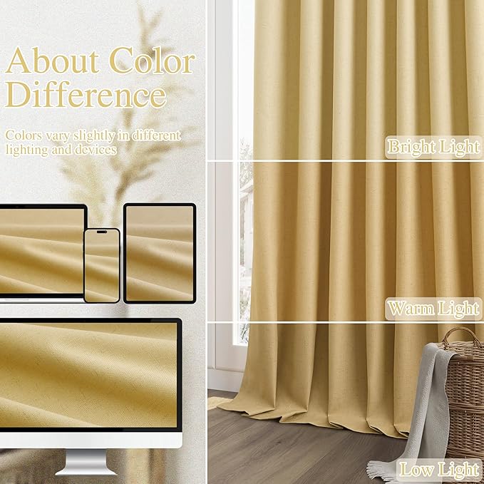 Guken 100% Blackout Curtains 100 Inch Length 2 Panels Set for Living Room Bedroom Back Tab Thermal Insulated Black Out Linen Drapes Room Darkening Window Curtains 100 Inches Long,Gold Yellow