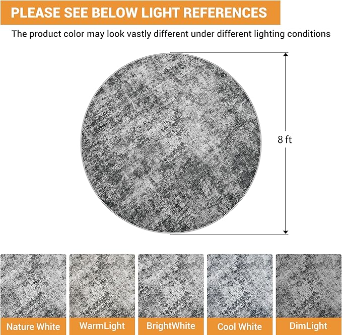 Round Rug 8ft Circle Rug Washable: Carpet Circular Area Rug for Entryway Kitchen Bedroom Dining Room Living Room Large 8 Feet Abstract College Dorm Non Slip Low Pile Black Grey