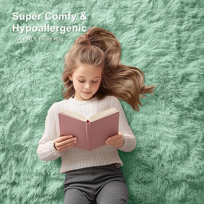 OLANLY 5x7 Machine Washable Large Area Rugs for Living Room, Bedroom, Soft Fluffy Shaggy Bedside Rug, Indoor Floor Carpet for Kids Girls and Boys, Dorms, Nursery, Home Decor Aesthetic, Mint Green