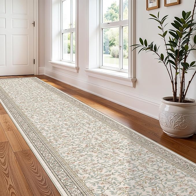 TOPRUUG 2x12 Washable Runner Rug - 12ft Runners for Hallway Non Slip Kitchen Rugs Soft Low Pile Carpet for Bedroom Bathroom Stain Resistant Vintage Floral Floor Mat Home Decor (Floral/Cream, 2X12)
