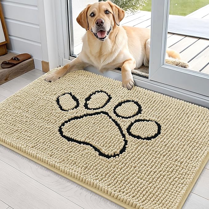 OLANLY Dog Door Mat for Muddy Paws 36x24, Paw Print Design, Absorbs Moisture and Dirt, Absorbent Non-Slip Washable Doormat, Quick Dry Chenille Mud Mat for Dogs, Entry Indoor Entryway Carpet, Sand