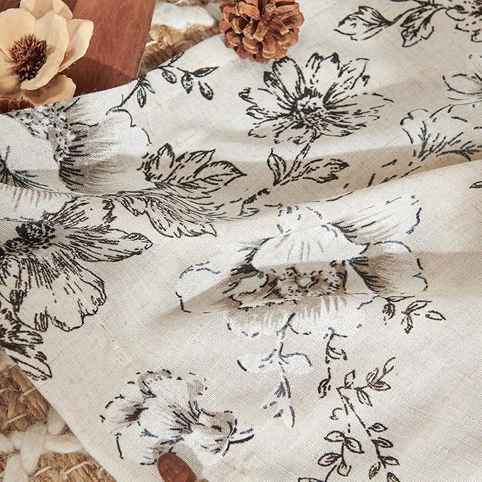 jinchan Floral Linen Lined Curtains for Living Room 84 Inches Long Farmhouse Printed Back Tab Drapes French Country Black Peony Patterned Bedroom Window Curtains Set 2 Panels