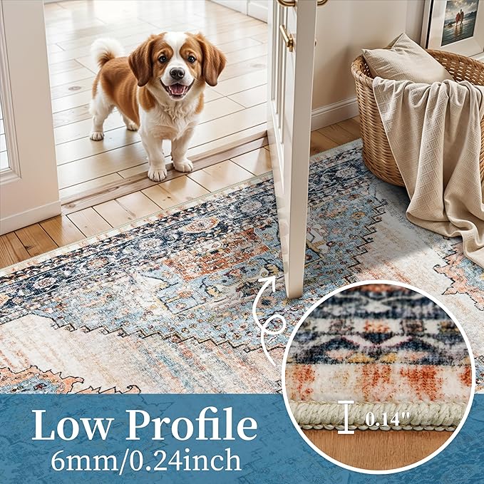 TOPRUUG 2x5 Hallway Runner Rug: Washable Non-Slip Rugs for Kitchen Vintage Water Resistant Entryway Rug Ultra-Thin Soft Living Room Bedroom Carpet Low Pile Durable Floor Mat for Bathroom (Blue, 2X5)