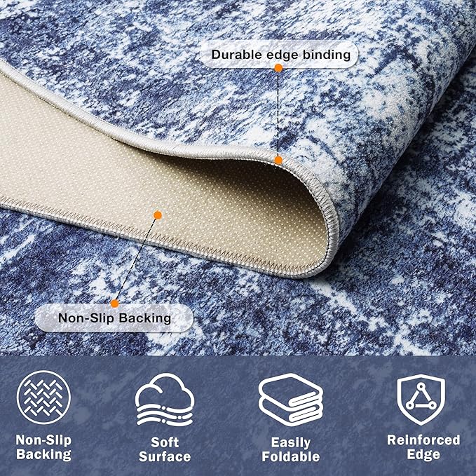 8x10 Area Rugs for Living Room Washable Rug: Anti-Skid Abstract Modern Living Room Rug Soft Thin Carpets Indoor Floor Non-Shedding Carpet for Bedroom Dining Farmhouse Nursery Navy Light Gray