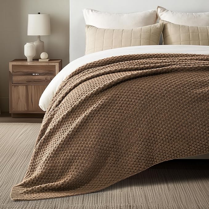 EVERGRACEHOME Chunky Chenille Knit Throw Blanket for Couch, Soft Luxurious Oversized King Moss Stitch Blanket for Bed, Large Cozy Farmhouse Knitted Throw for Sofa, Camel Brown, 92" x 108"