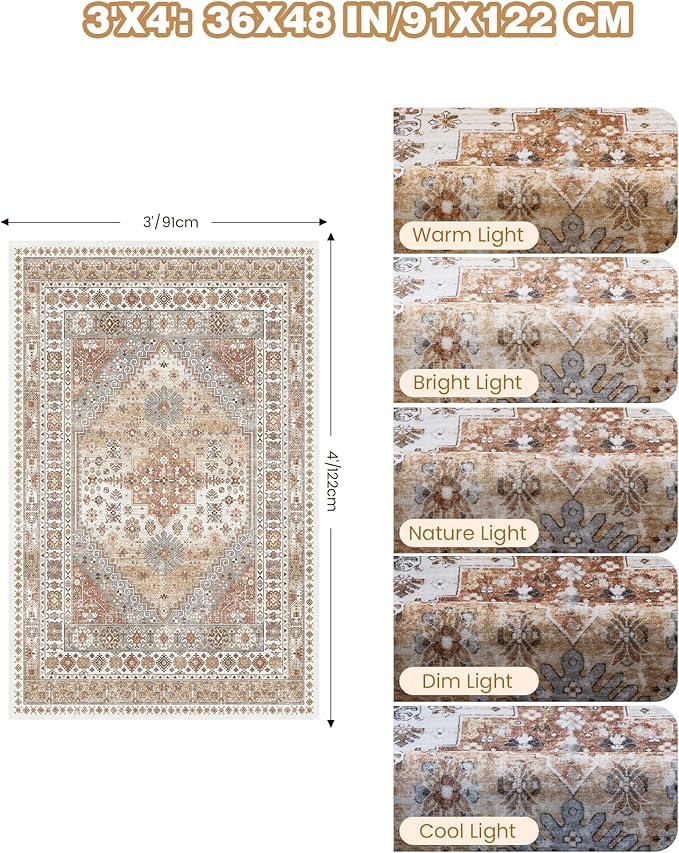 3x4 Washable Area Rug for Entryway, Soft Kitchen Rugs Non Slip for Dining Room, Vintage Living Room Rug, Thin Area Rugs Indoor for Bedroom, Kids Room Decor(Orange,3'x4')