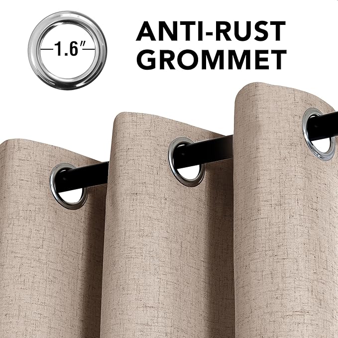 H.VERSAILTEX Linen Curtains 100% Blackout Curtains for Bedroom 96 inch Long Full Light Blocking Nature Linen Blended Window Curtains for Living Room Nickel Grommet (2 Panels, Heathered Sand)