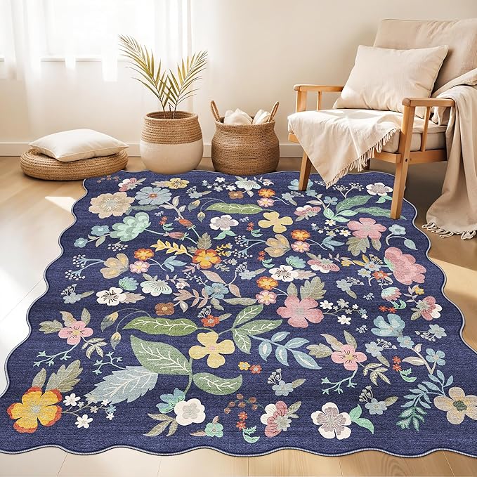 Floral Square Area Rug for Family: Washable 5x5 Scalloped Carpet for Living Room Bedroom Soft Water Resistant Floor Mat with Non Slip Backing for Kitchen Nursery Dorms Farmhouse Home Decor(5x5,Purple)