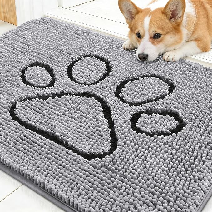 OLANLY Dog Door Mat for Muddy Paws 30x20, Paw Print Design, Absorbs Moisture and Dirt, Non-Slip Washable Doormat, Quick Dry Chenille Mud Mat for Dogs, Entry Indoor Entryway Carpet, Light Grey