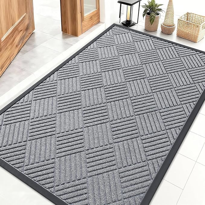 OLANLY Front Door Mat Outside Entrance 47x32, Absorbent, Heavy Duty Sturdy Natural Rubber Doormat Indoor Outdoor, Stain Fade Resistant, Non-Slip Low Profile Floor Mat Entryway, Charcoal Gray Diamond