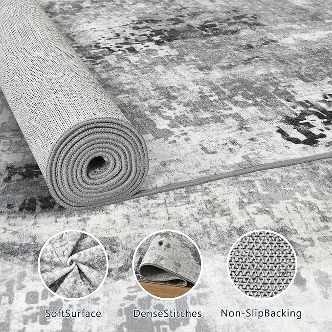 Living Room Rug 9x11 Gray Area Rugs Machine Washable Abstract Boho Large Rug Non-Slip Non-Shedding Faux Wool Indoor Vintage Carpet for Bedroom, Classroom, Dining Room, Kids Playroom
