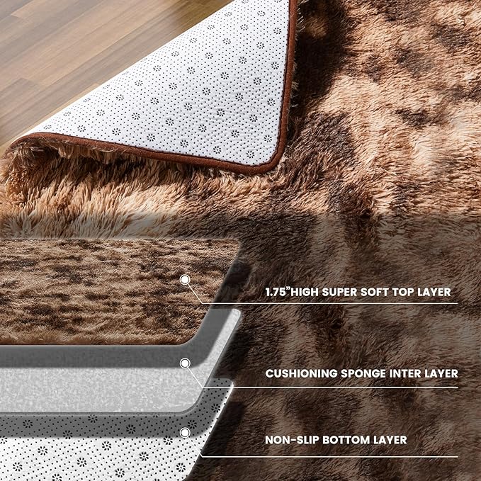 KNZE 8' x 10' Brown Modern Shag Area Rug, Luxuriously Plush, High Pile, Fluffy, Washable, Non Slip, Fade Resistant, Rectangular, Indoor, Bedroom, Living Room, Playroom, Dorm Room