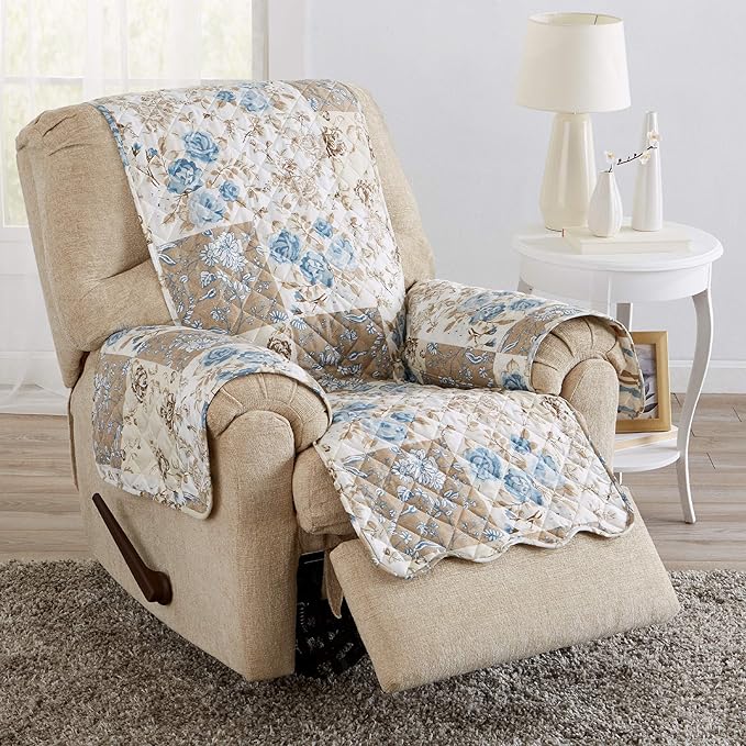 Great Bay Home Reversible Floral Patchwork Recliner Furniture Protector - Machine Washable, Scalloped Edge, Stain Resistant, Printed Furniture Cover for Dogs, Kids, and Pets (Taupe/Blue)